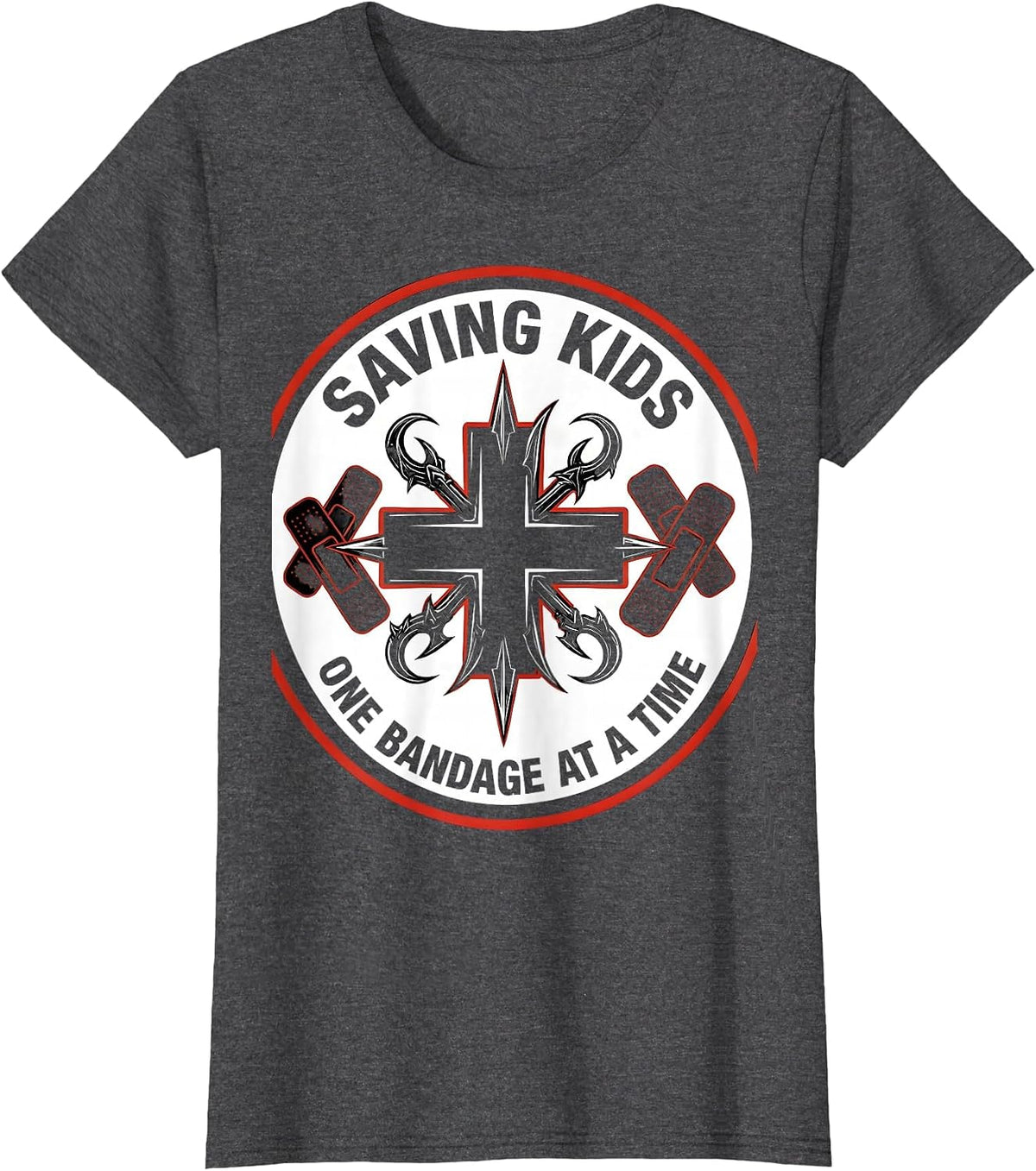 Women's Saving Kids One Bandage at a Time School Nurse T-Shirt - Dark Heather Grey