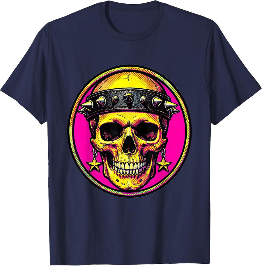 80s Rock Skull Studded Headband Graphic T-Shirt - Navy Blue