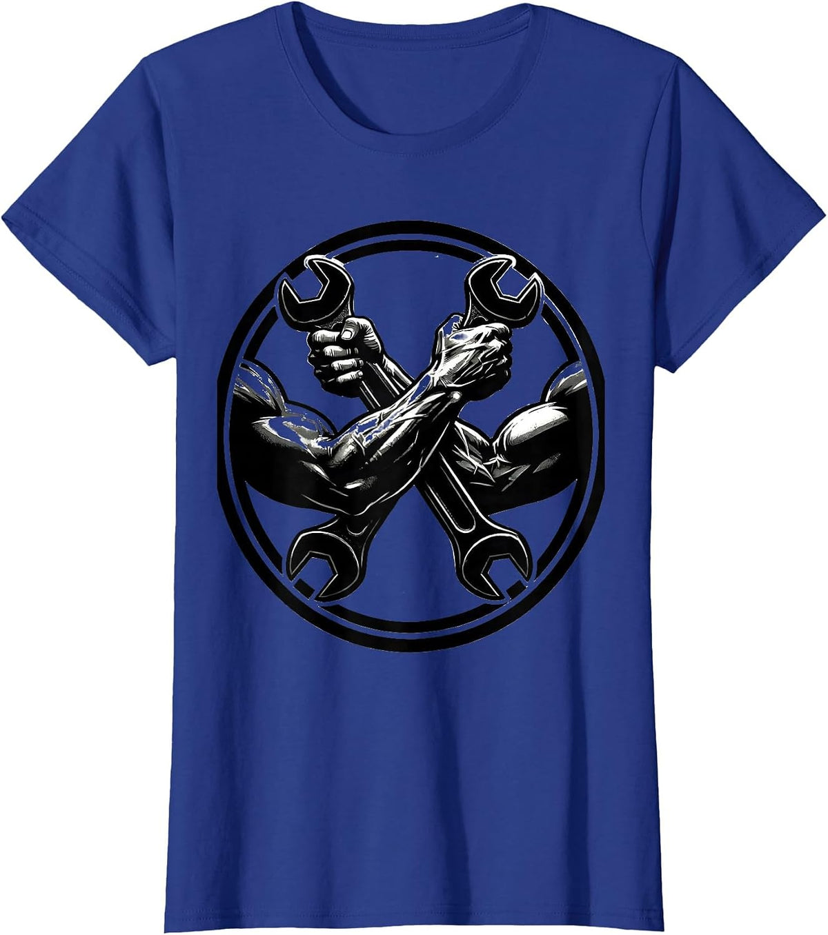 Women's Mechanic Wrench Gripping Muscular Arms Graphic T-Shirt - Royal Blue