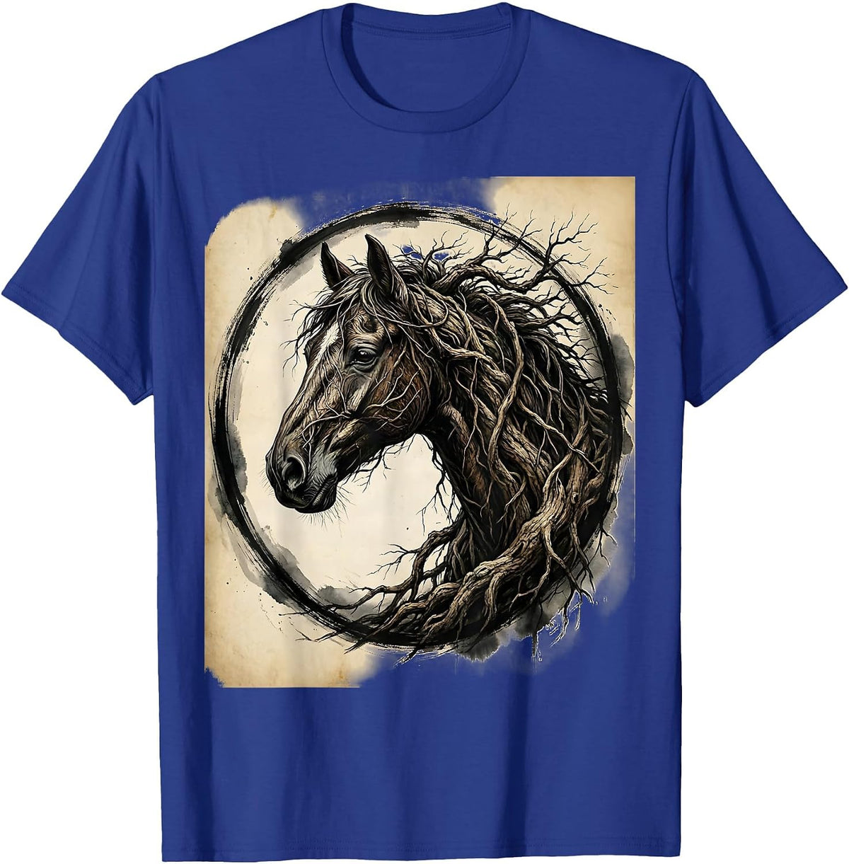 Men's Horse Profile Made of Tangled Tree Roots Art T-Shirt - Royal Blue