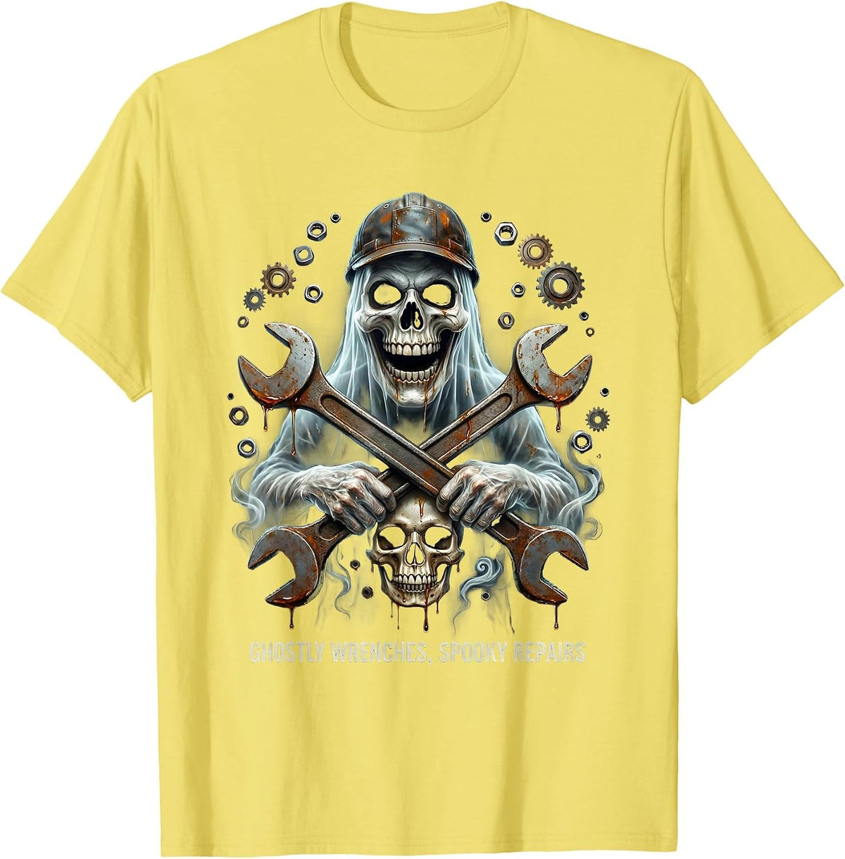 Men's Halloween Ghost Mechanic Garage Design T-Shirt - Lemon Yellow