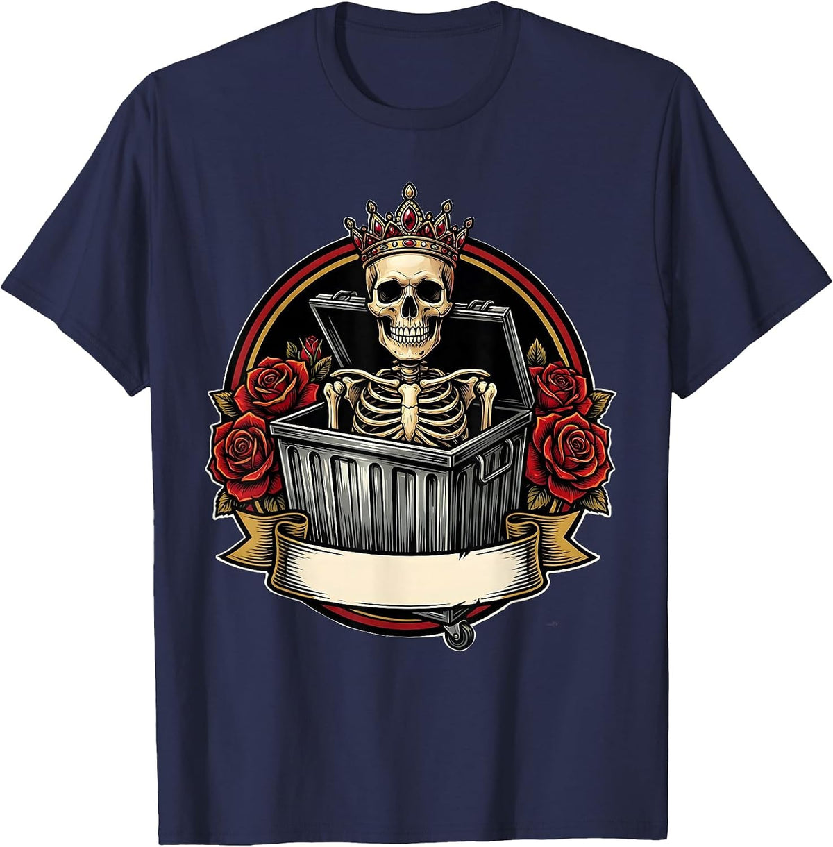 Skull Tiara Dumpster Funny Tattoo Culture Art T-Shirt - Navy Blue