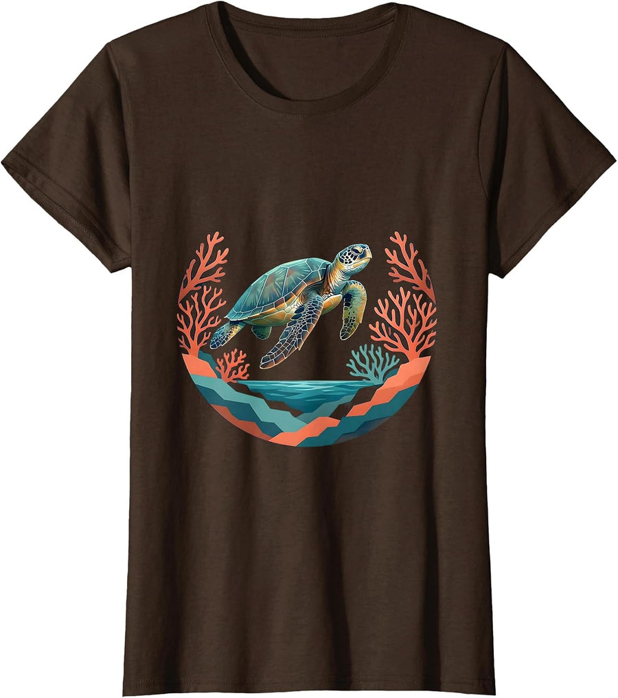 Women's Sea Turtle Coral Reef Hawaiian Graphic T-Shirt - Brown