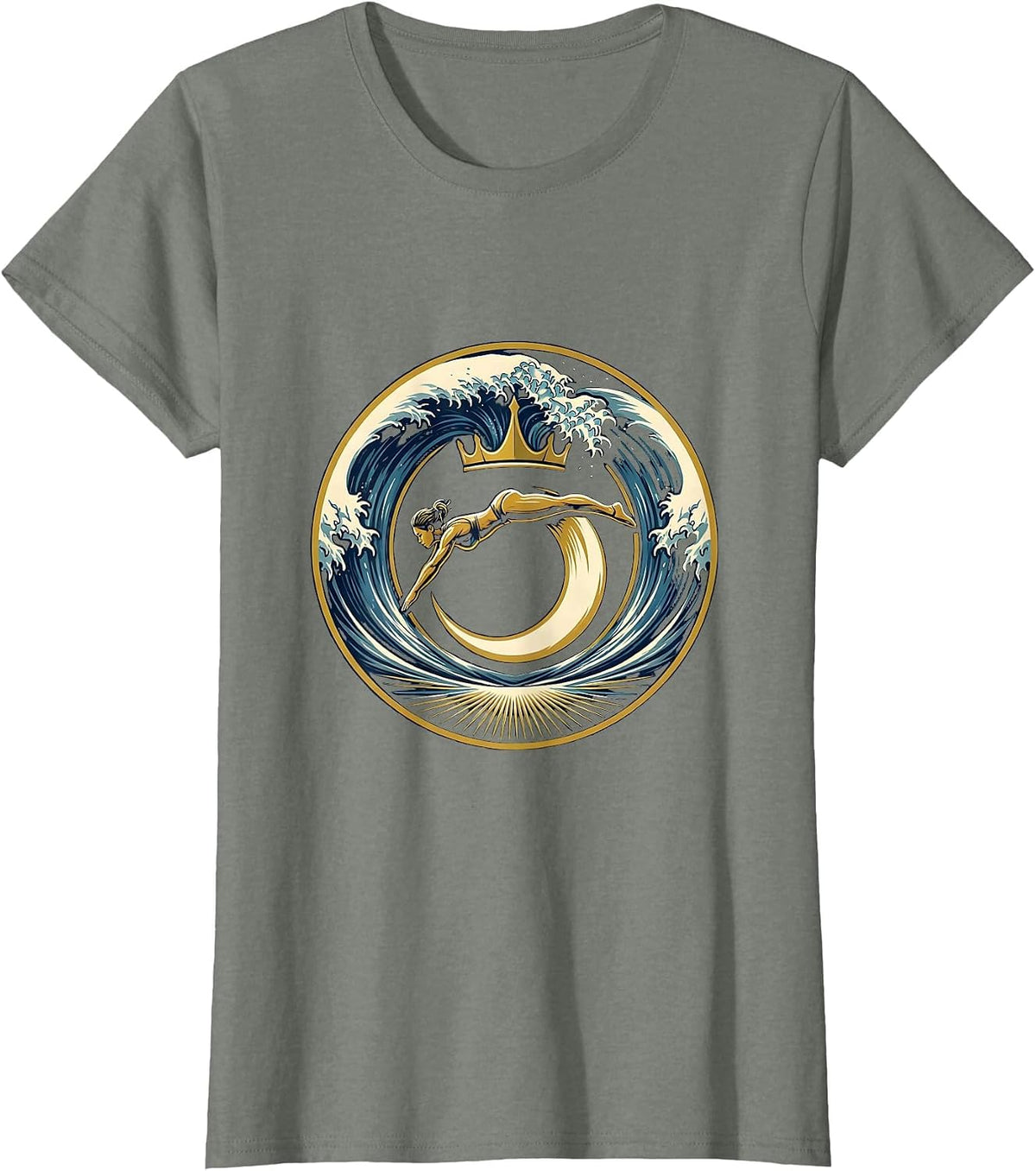 Athlete Diving Into Ocean Wave Illustration T-Shirt - Olive Heather