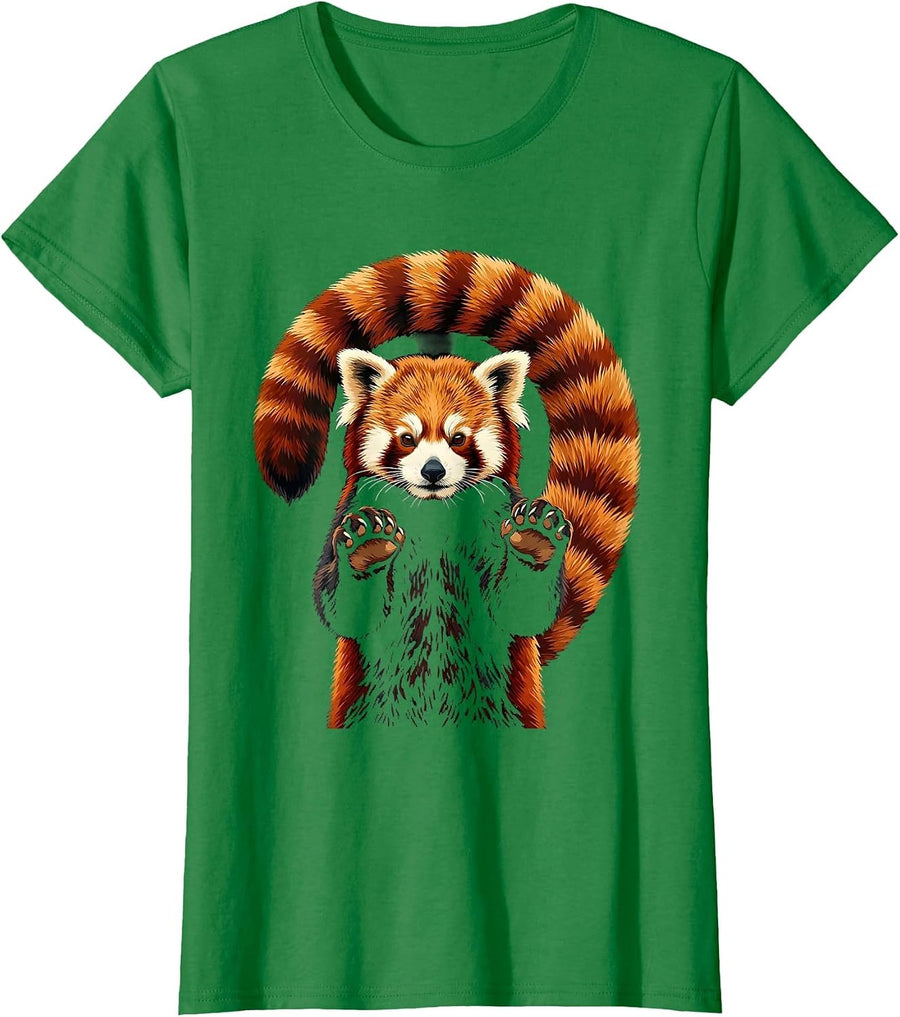 Women's Red Panda Stencil Graphic Animal Lover Gift T-Shirt - Kelly Green
