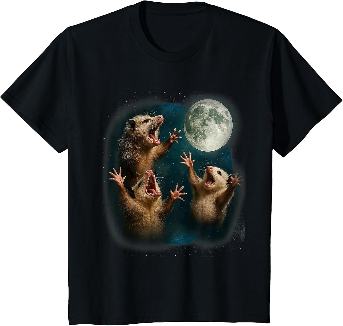 Three Possum Moon 3 Opossum Funny Weird Cursed Meme Cute T-Shirt - Black