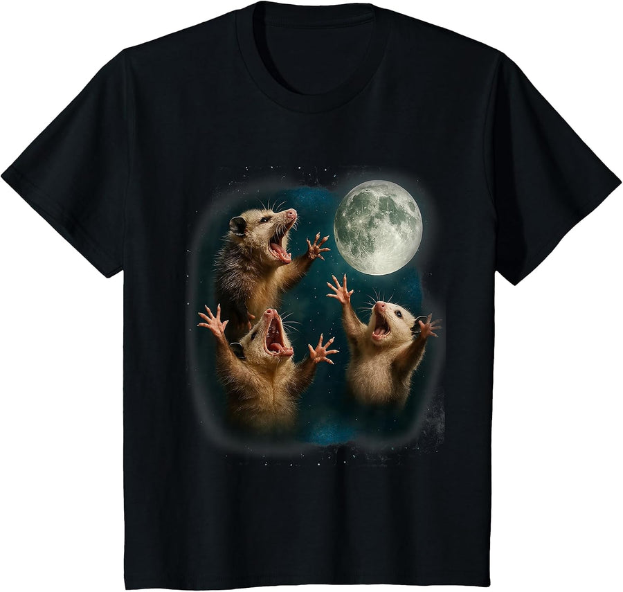 Three Possum Moon 3 Opossum Funny Weird Cursed Meme Cute T-Shirt - Black