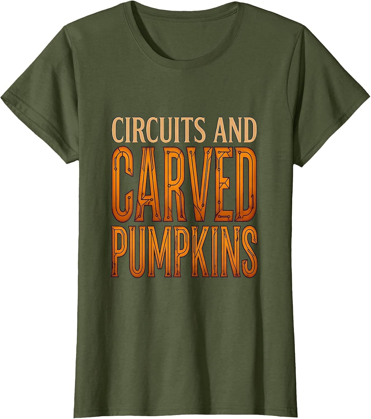 Women's Circuits and Carved Pumpkins Halloween Tech Design T-Shirt - Olive Green