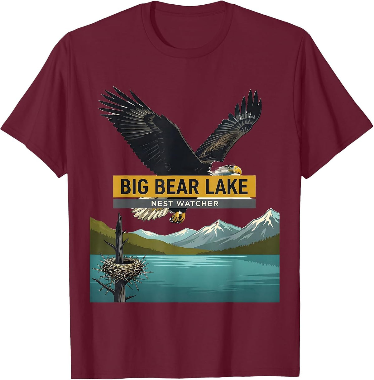 Men's Big Bear Lake Nest Watcher Midcentury Modern Bald Eagle T-Shirt - Burgundy
