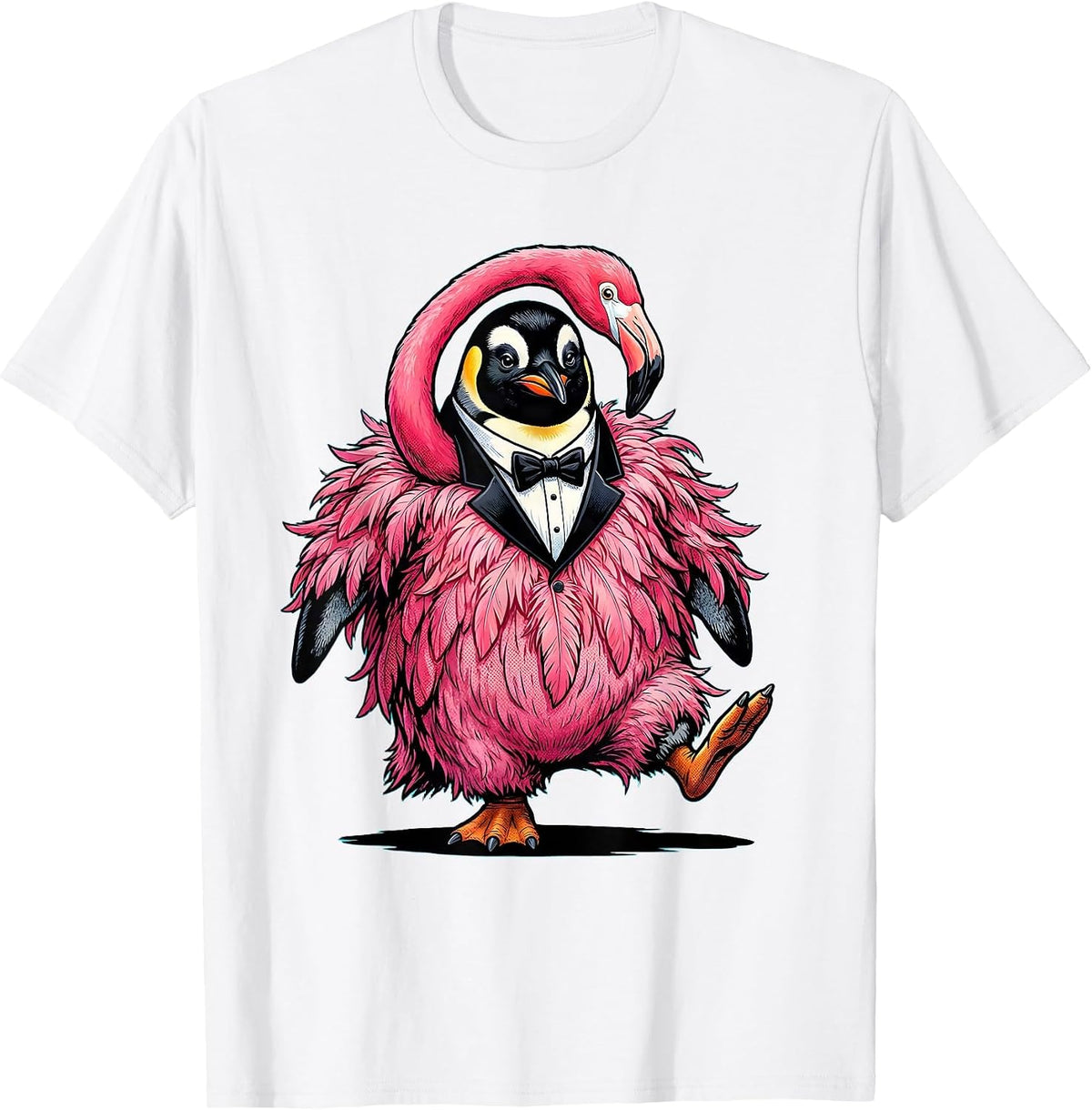 Men's Funny Penguin in Flamingo Costume Graphic T-Shirt - White