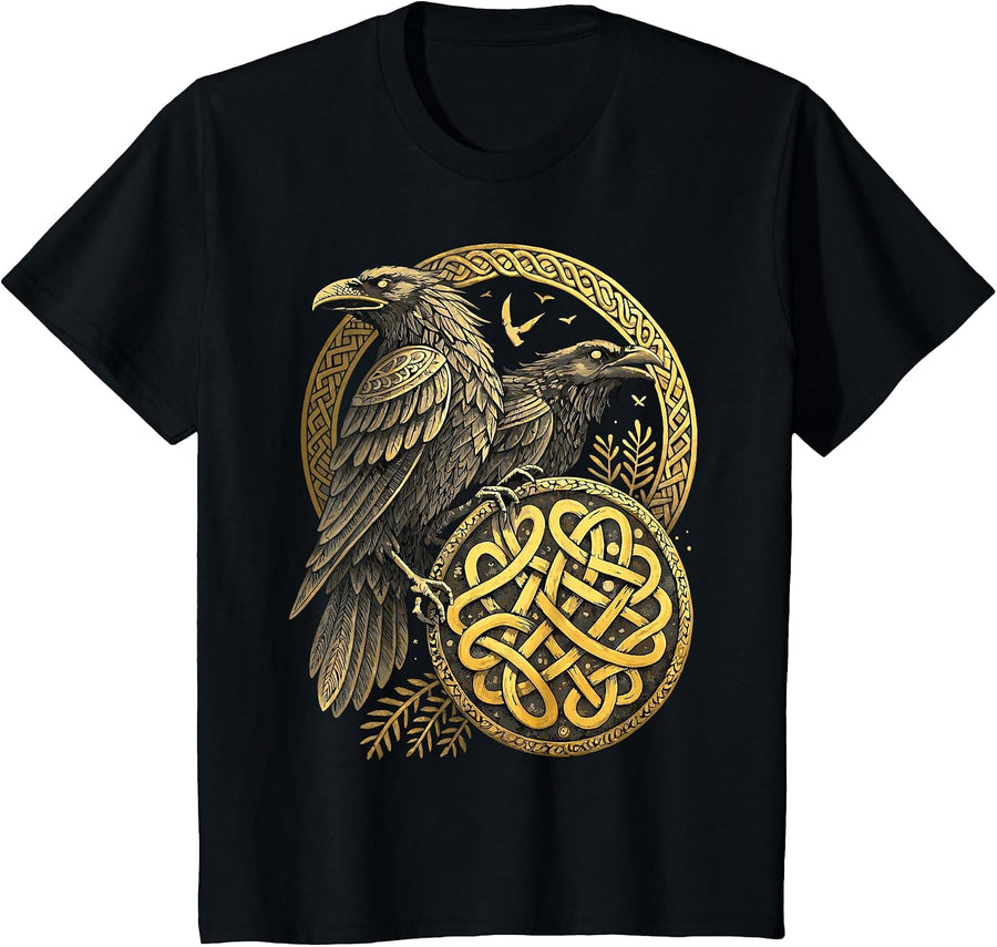 Norse Knotwork Raven - Viking Huginn & Muninn T-Shirt - Black