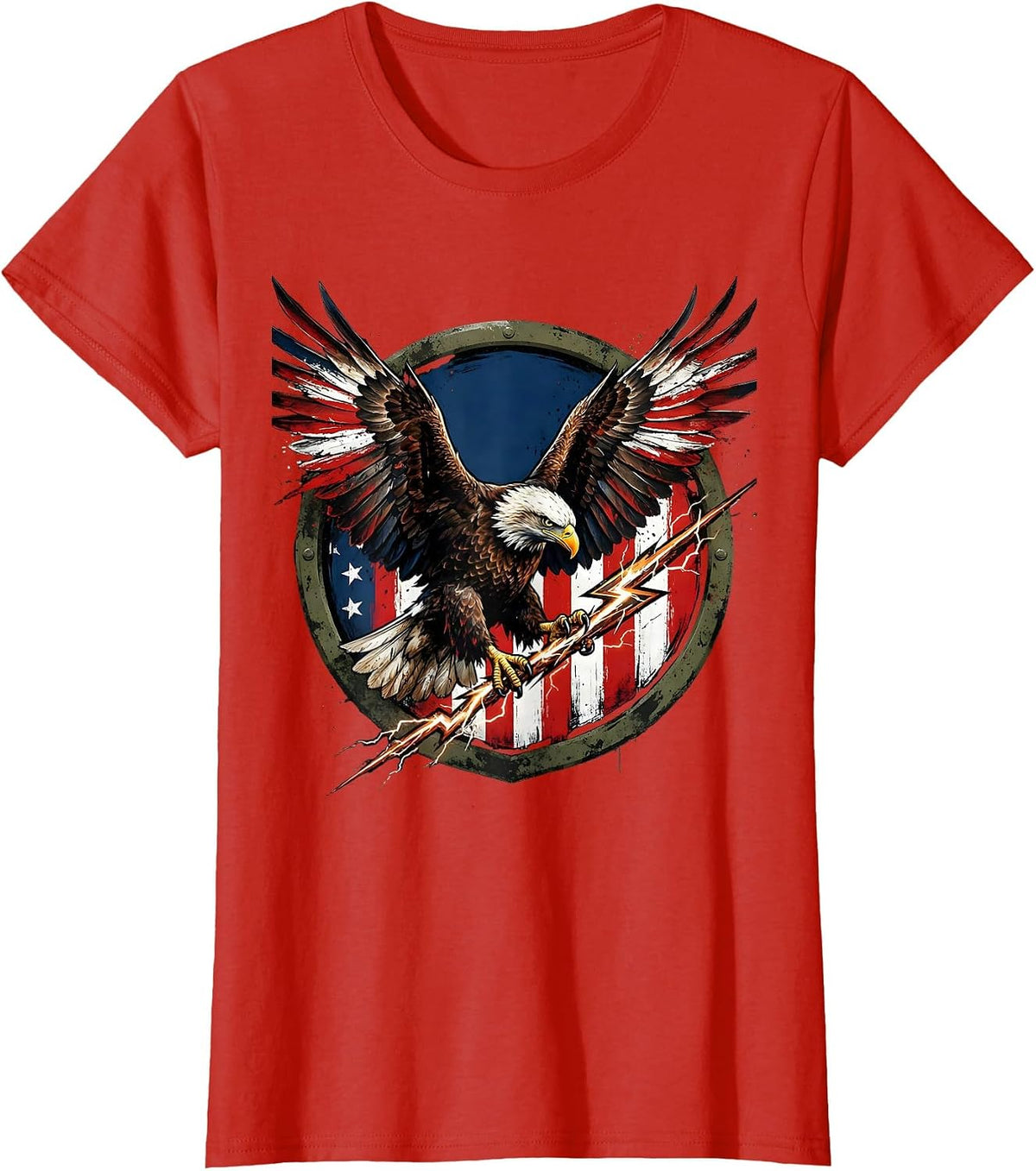 Bald Eagle Lightning Bolt Freedom Graphic Tee T-Shirt - Red
