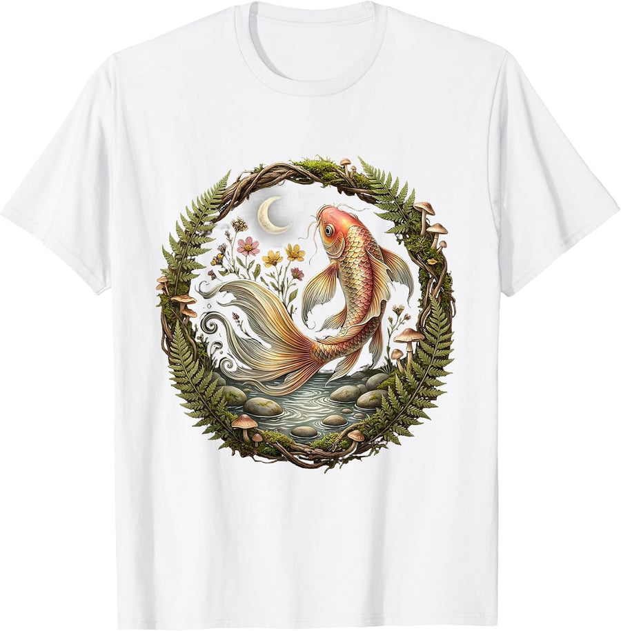 Koi Fish Leaping Waterfall Graphic T-Shirt - White