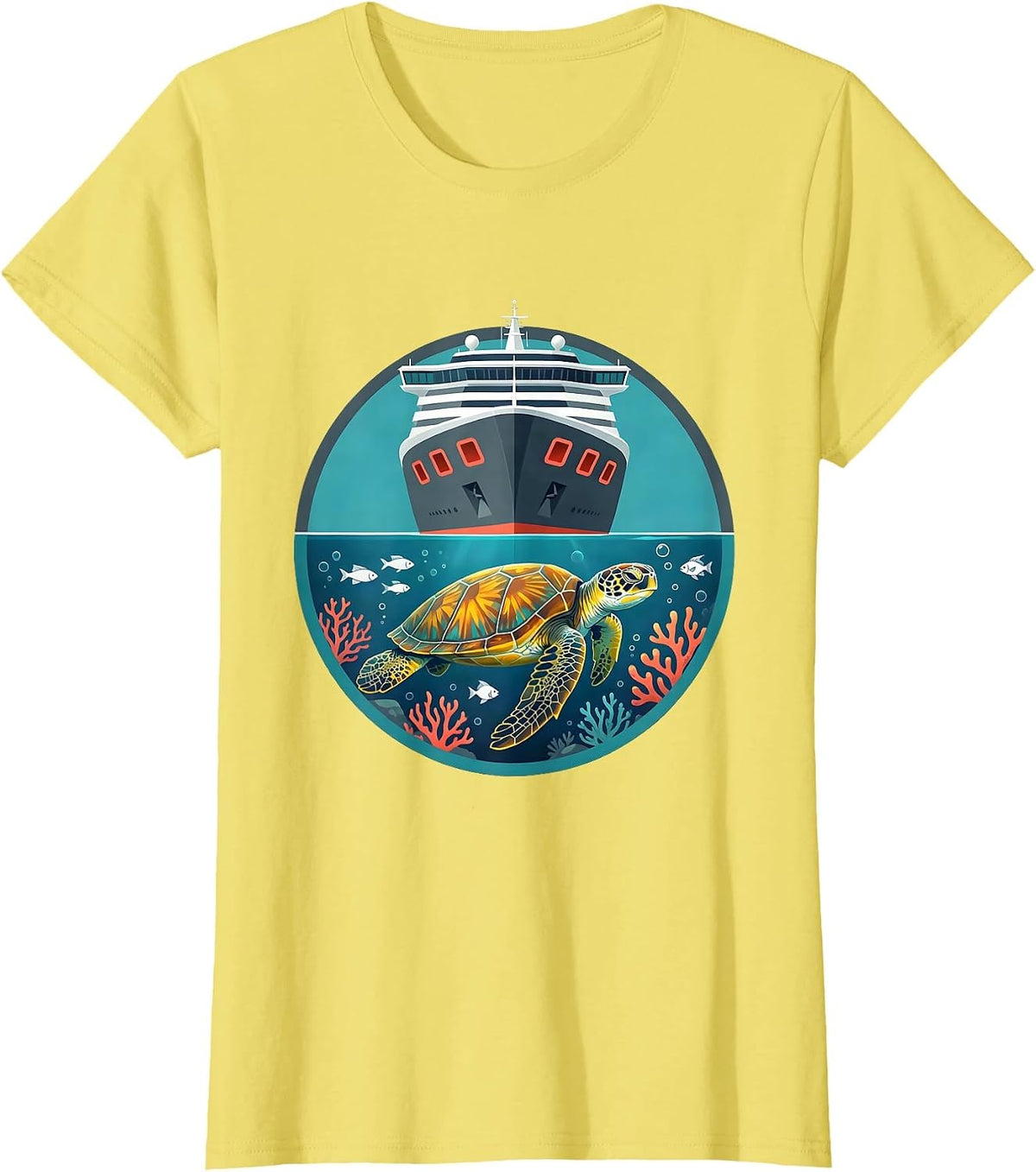 Women's Family Cruise Sea Turtle Under Ship Hull T-Shirt - Lemon Yellow