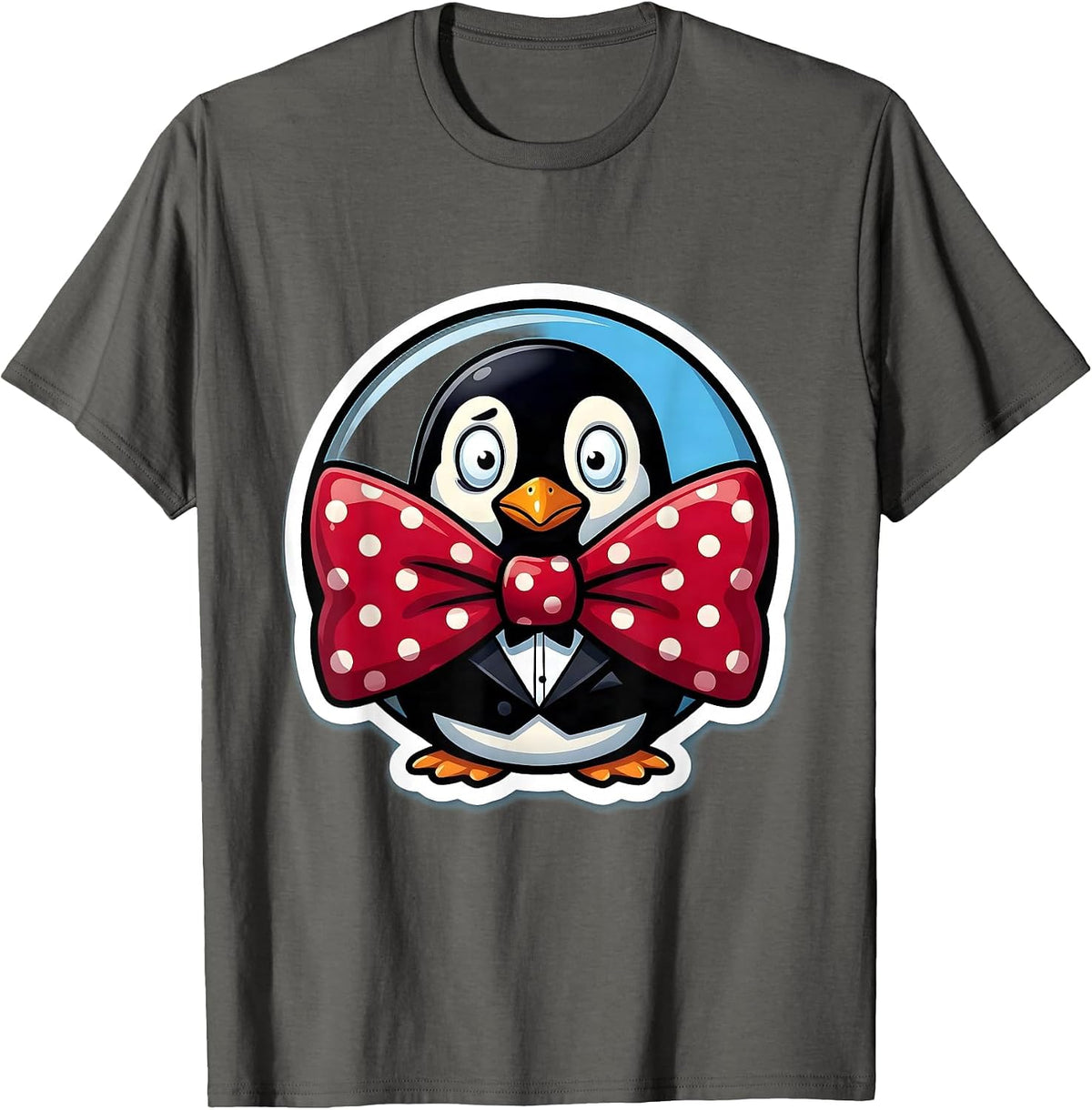 Giant Bow Tie Tiny Penguin Funny Novelty Graphic T-Shirt - Asphalt Grey