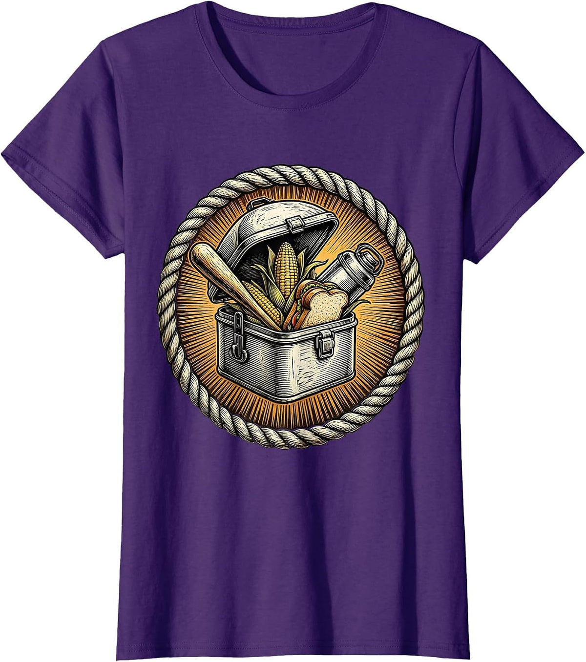 Women's Labor Day Vintage Lunchbox Overflowing Food Graphic T-Shirt - Purple