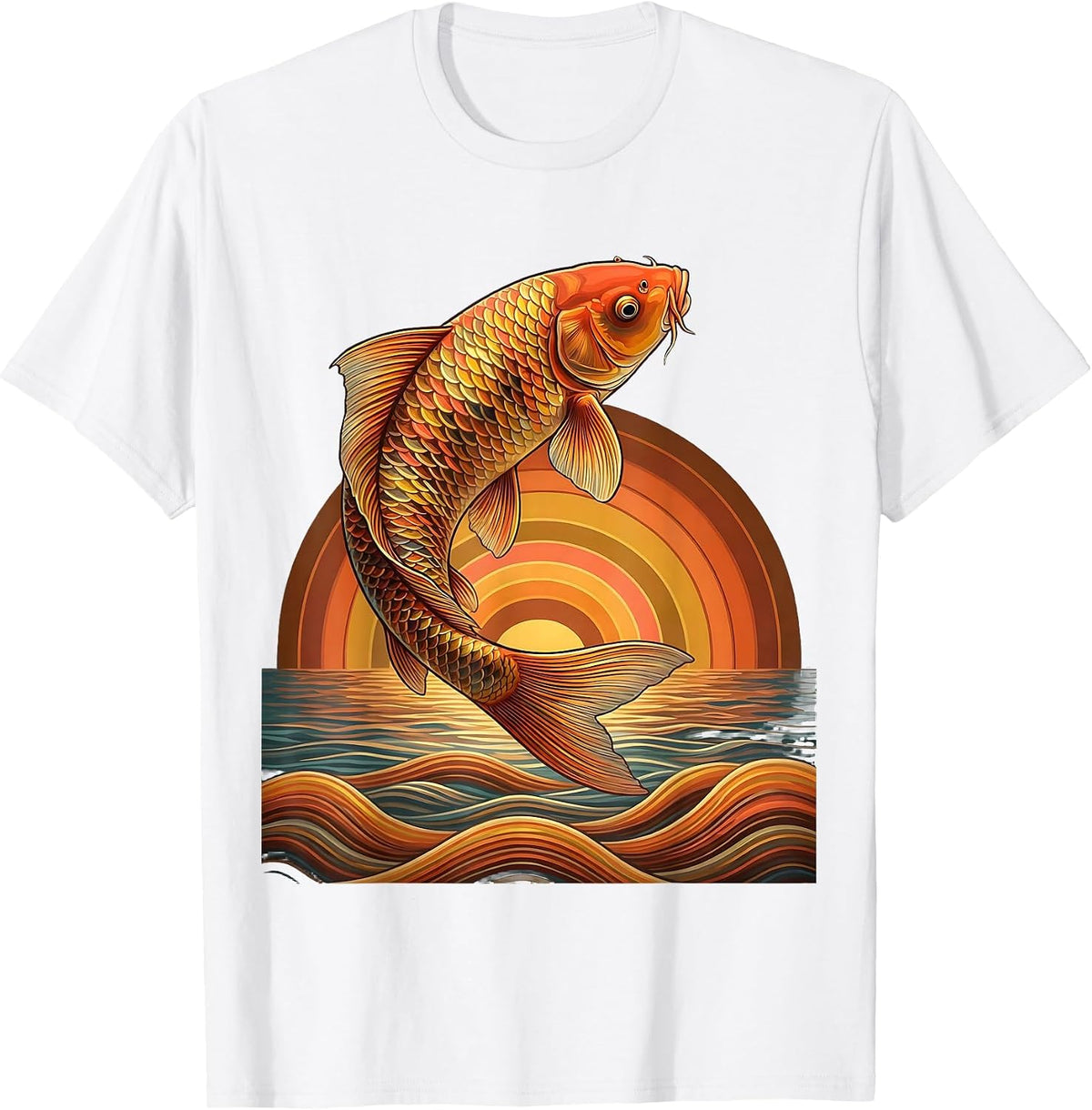 Rainbow Koi Fish Leaping From Water Illustration T-Shirt, Men, White, X-Large - As Pictured