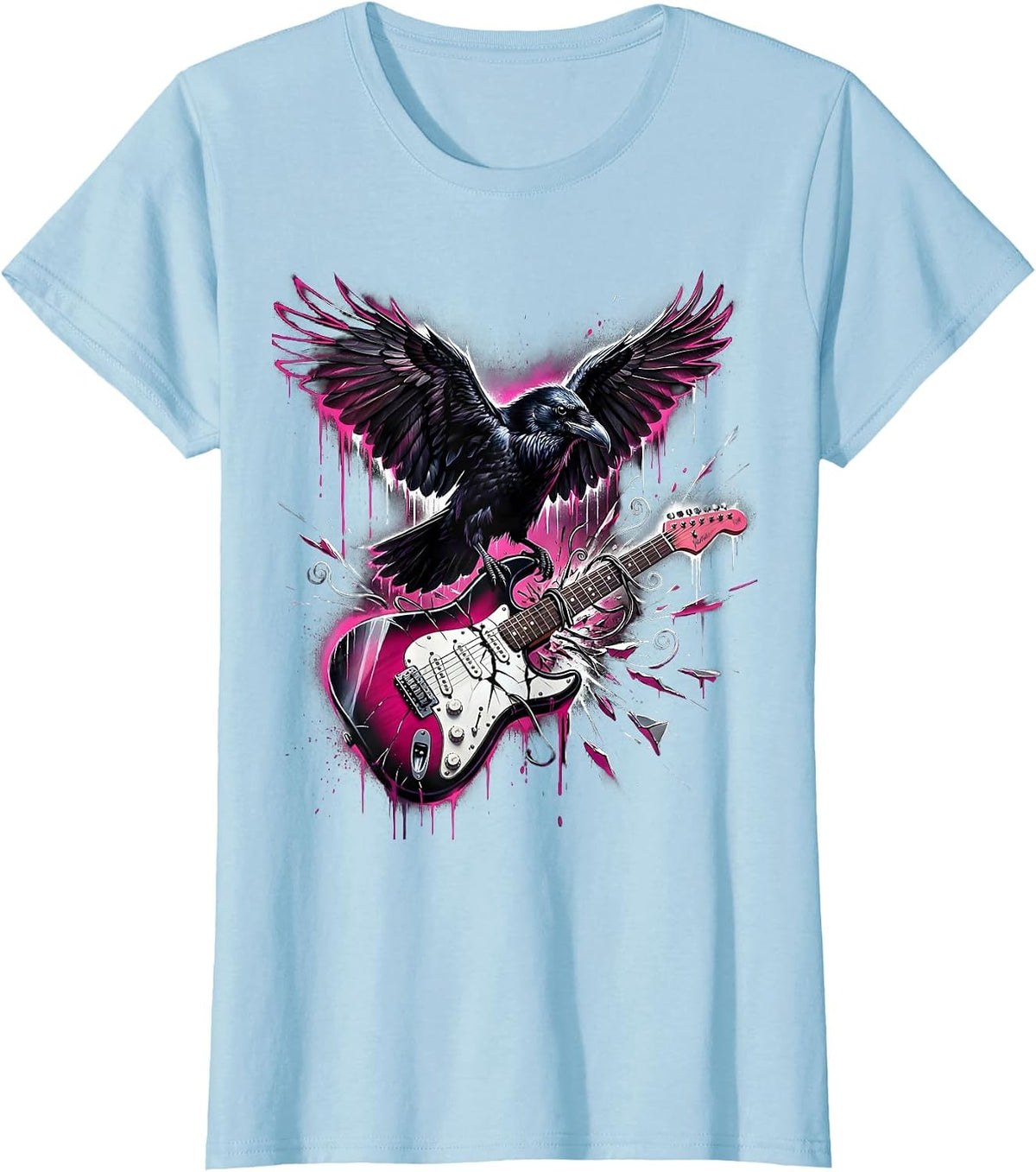 Women's Raven on Broken Guitar Strings Rock Art Design T-Shirt - Baby Blue