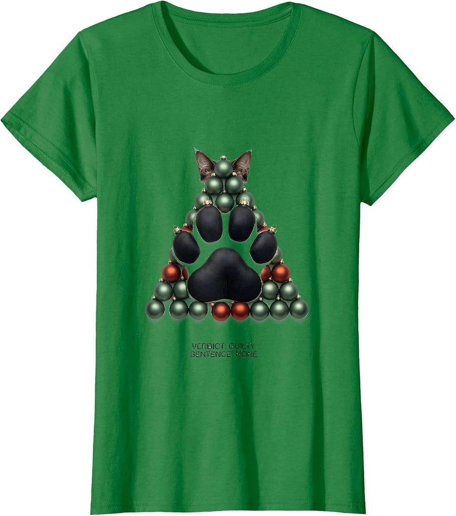 Women's Verdict: Guilty. Sentence: None. Funny Black Cat Christmas T-Shirt - Kelly Green