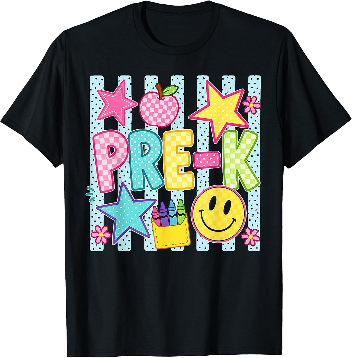 Striped Preppy Preschool Back to School Teacher Girl Kids T-Shirt - Black