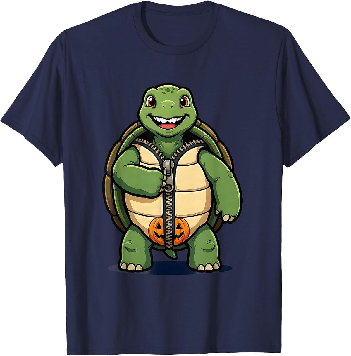 Cheerful Turtle Zips Shell Halloween Costume Humor T-Shirt - Navy Blue