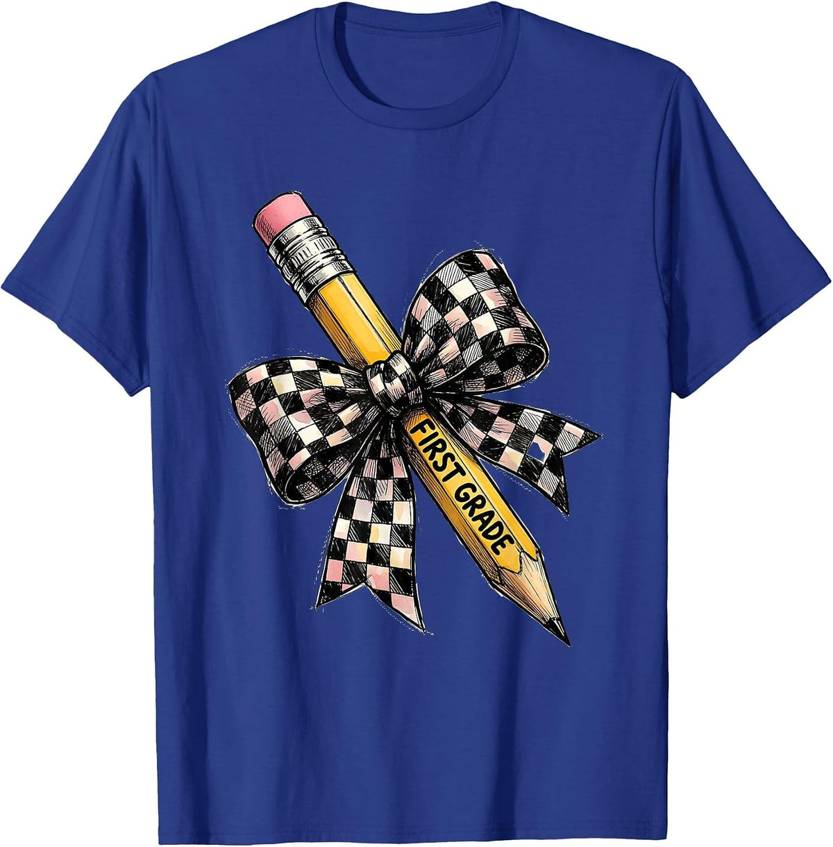 Men's First Grade Cute Coquette Bow Pencil Back to School Teacher T-Shirt - Royal Blue