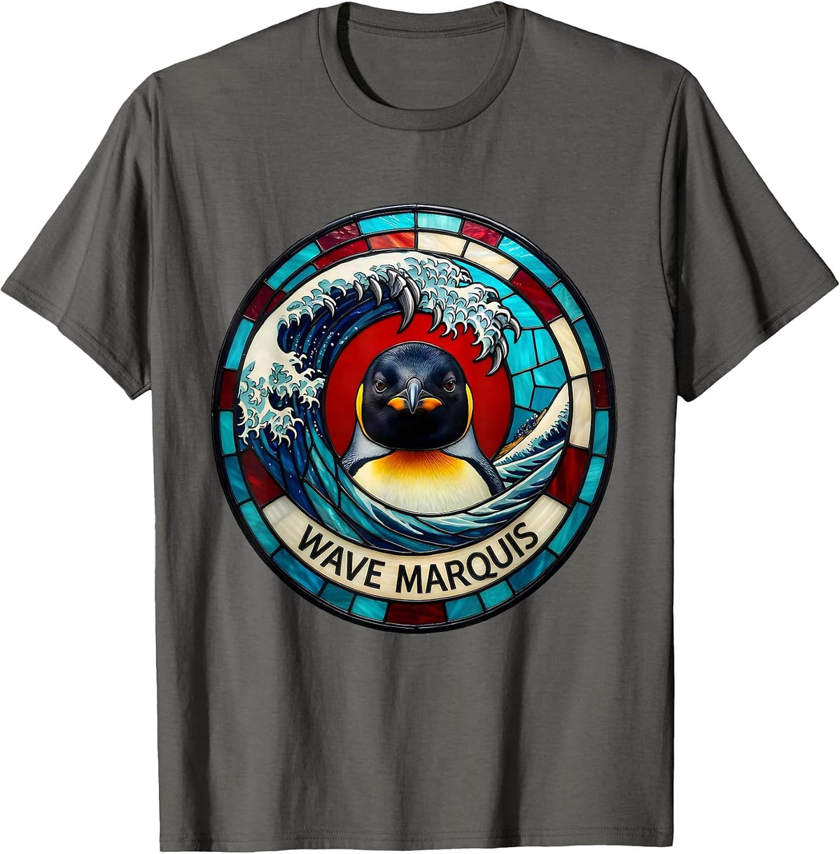 Men's Penguin, Wave Marquis Stained Glass Mosaic Animal Lover T-Shirt - Asphalt Grey
