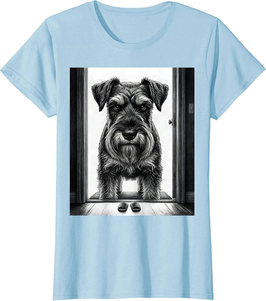 Women's Miniature Schnauzer Doorway Guard Funny Dog Lover T-Shirt - Baby Blue