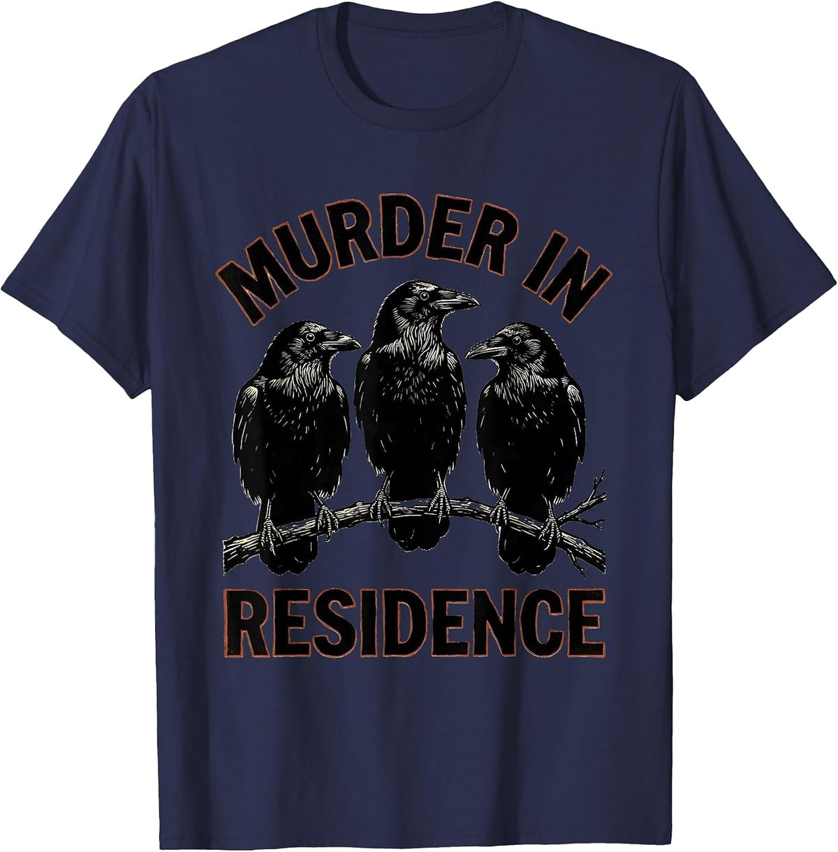 Murder In Residence Linocut Crow Murder Raven Gothic Humor T-Shirt - Navy Blue