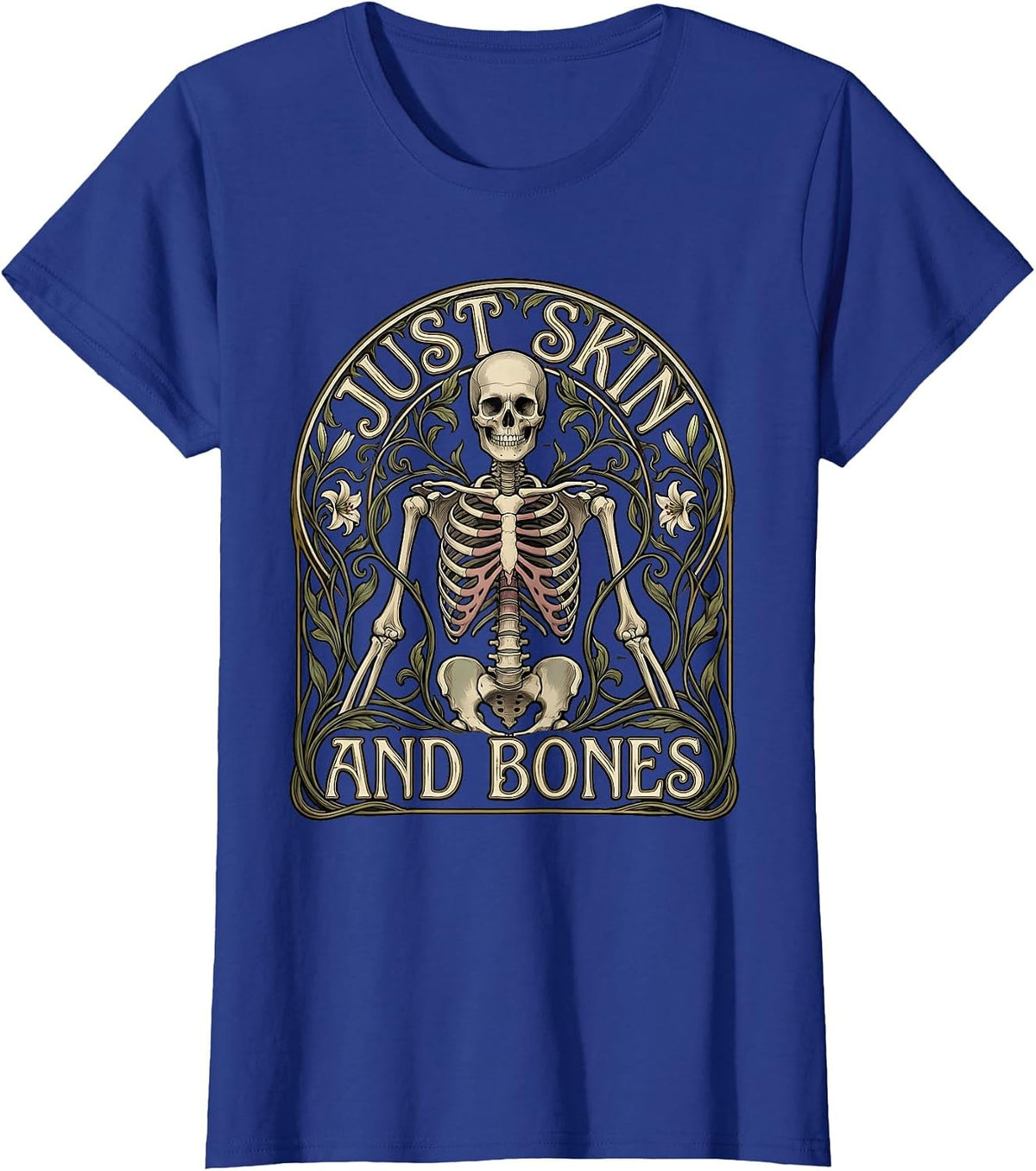 Women's Just Skin and Bones Skeleton Graphic Design T-Shirt - Royal Blue