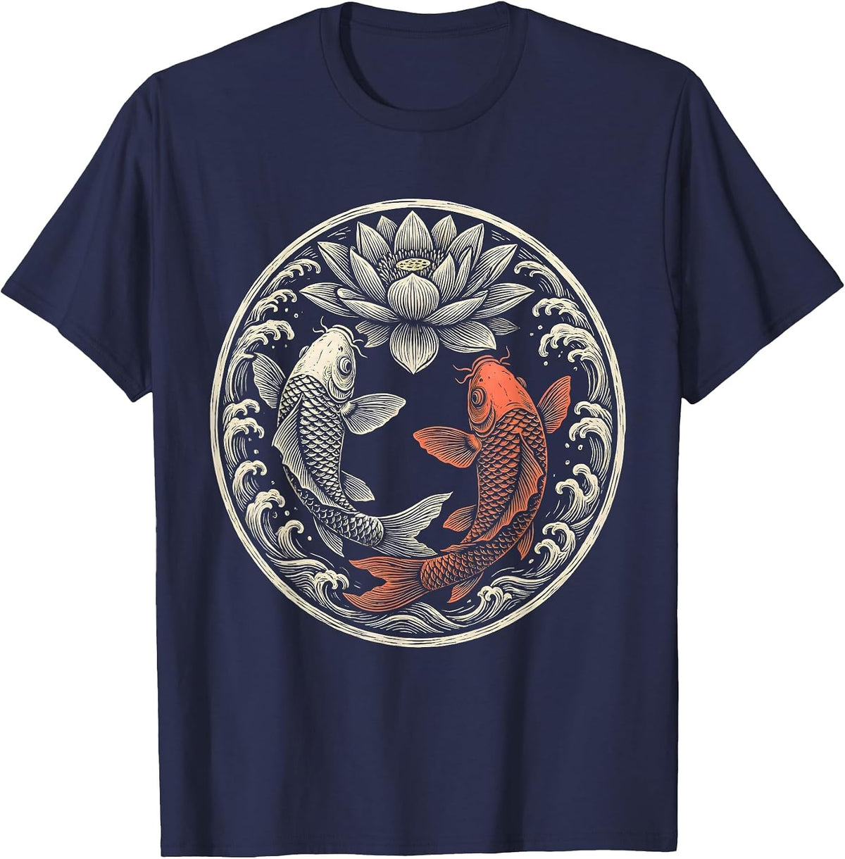 Men's Koi Fish Lily Pad Bloom Aloha Design T-Shirt - Navy Blue