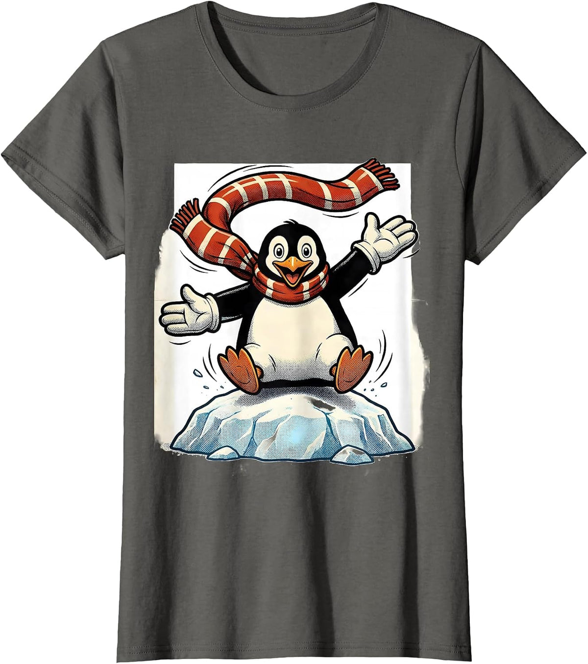 Women's Bouncy Penguin Retro Cartoon Penguin Lover Humor T-Shirt - Asphalt Grey