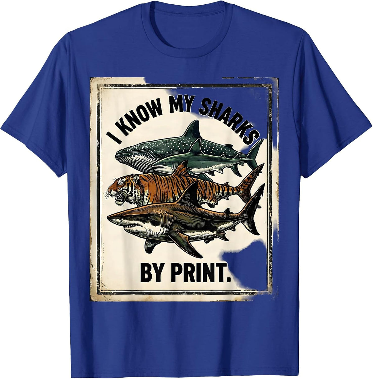 Men's I Know My Sharks By Print Vintage Shark Lover Ocean Wildlife T-Shirt - Royal Blue