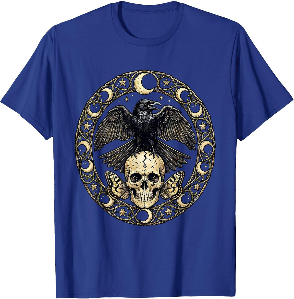 Men's Raven on Skull Halloween Gothic Dark Art T-Shirt - Royal Blue