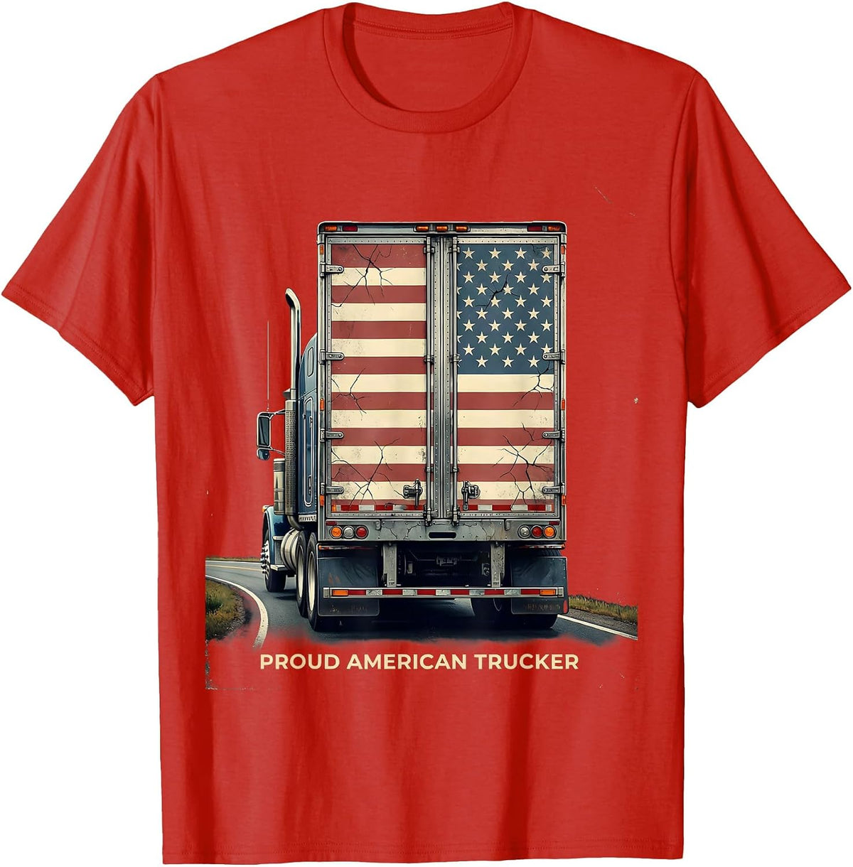 Men's Proud American Trucker Distressed Semi Trailer Trucker Gift T-Shirt - Red