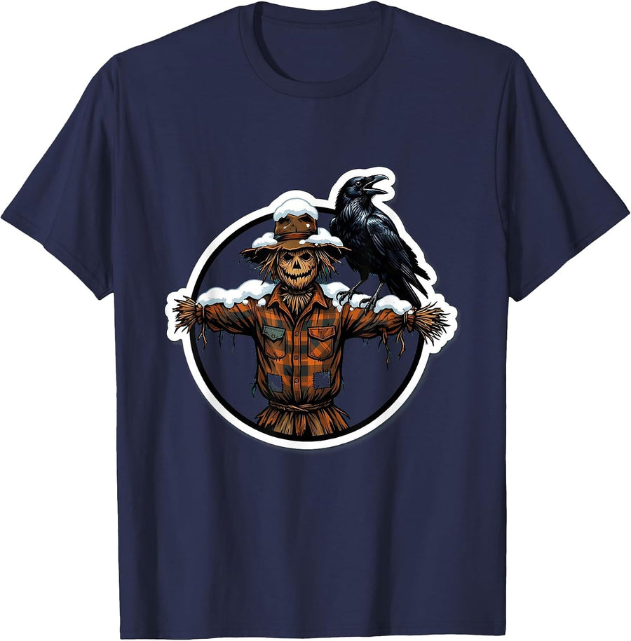 Raven on Snow-Covered Scarecrow Winter Scene T-Shirt - Navy Blue