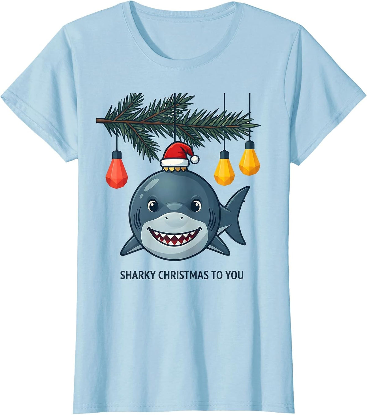Sharky Christmas To You Funny Shark Santa Hat Christmas T-Shirt - Baby Blue