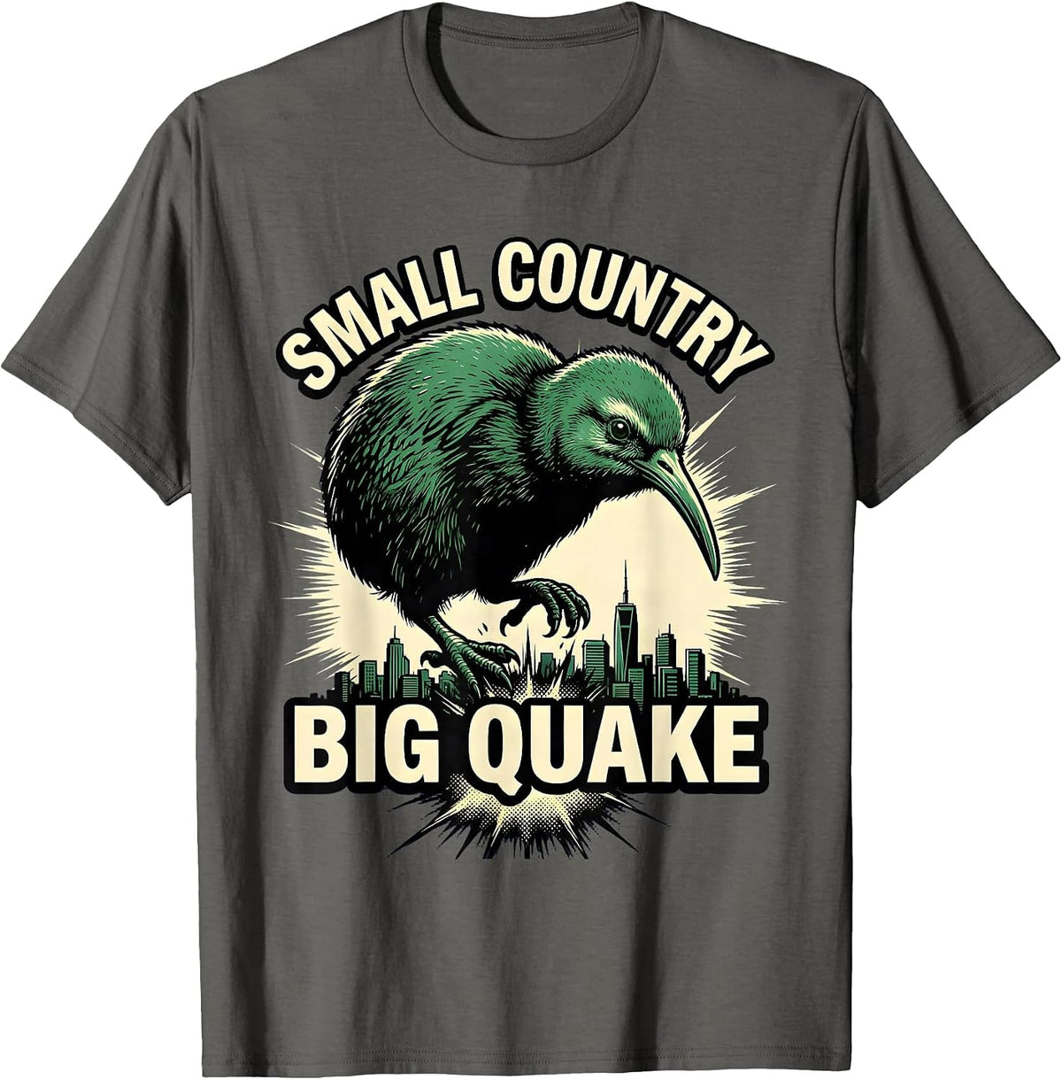 Small Country Big Quake Comic Book Kiwi Bird Rugby Fan T-Shirt - Asphalt Grey