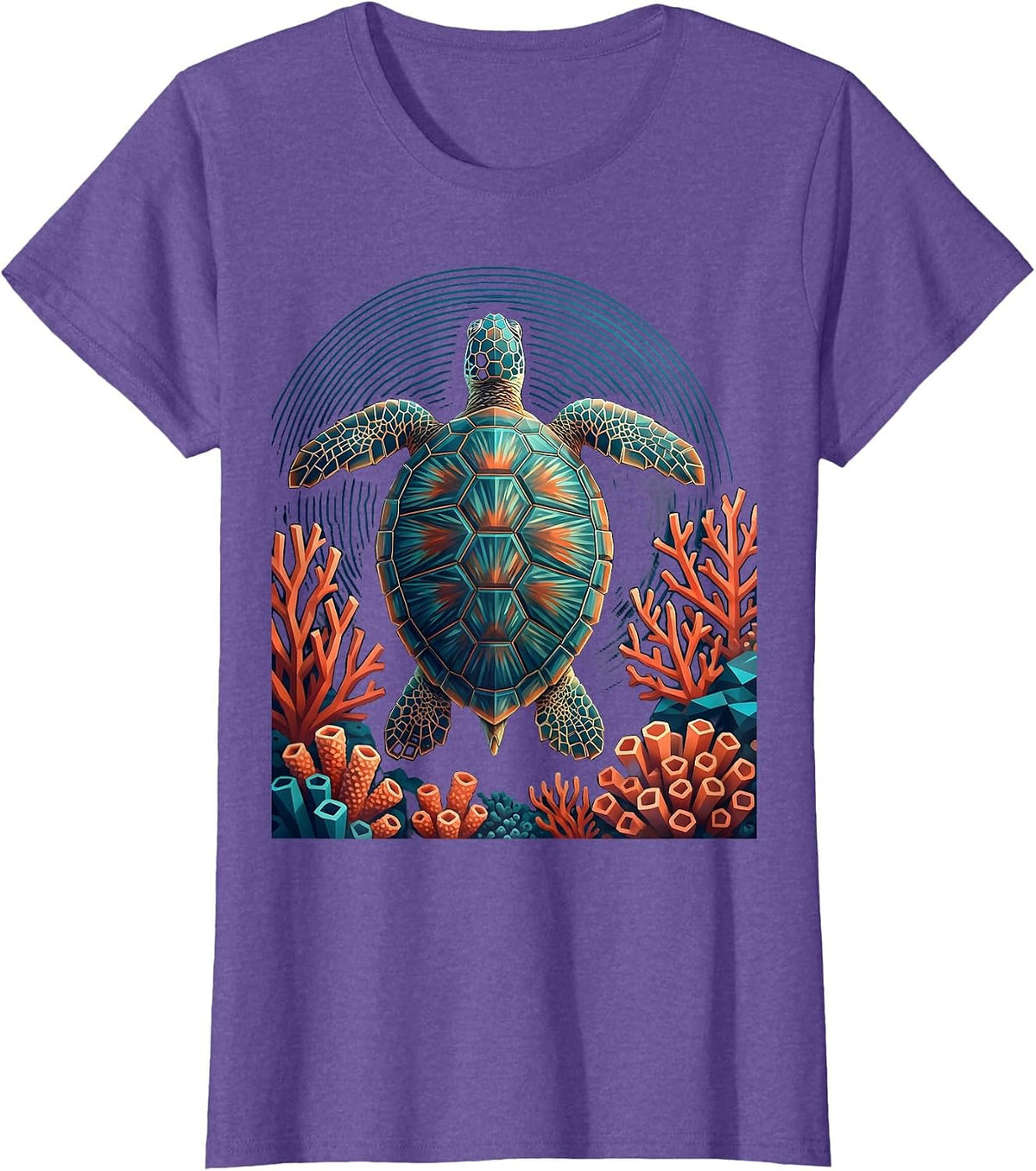 Sea Turtle Coral Reef Caribbean Ocean Art T-Shirt - Purple Heather