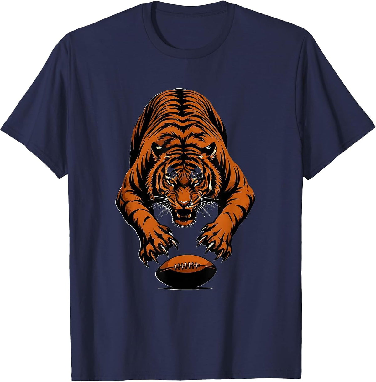 Tiger Pouncing on Rugby Ball Graphic Design T-Shirt - Navy Blue