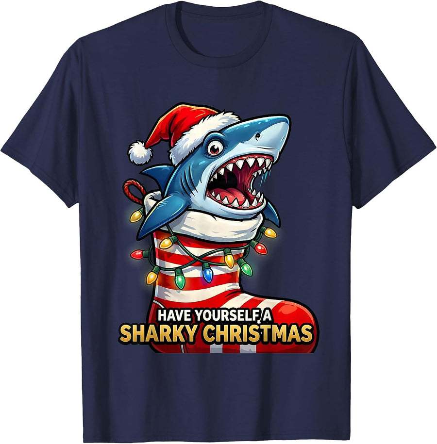 Have Yourself A Sharky Christmas Funny Shark Santa Hat T-Shirt - Navy Blue