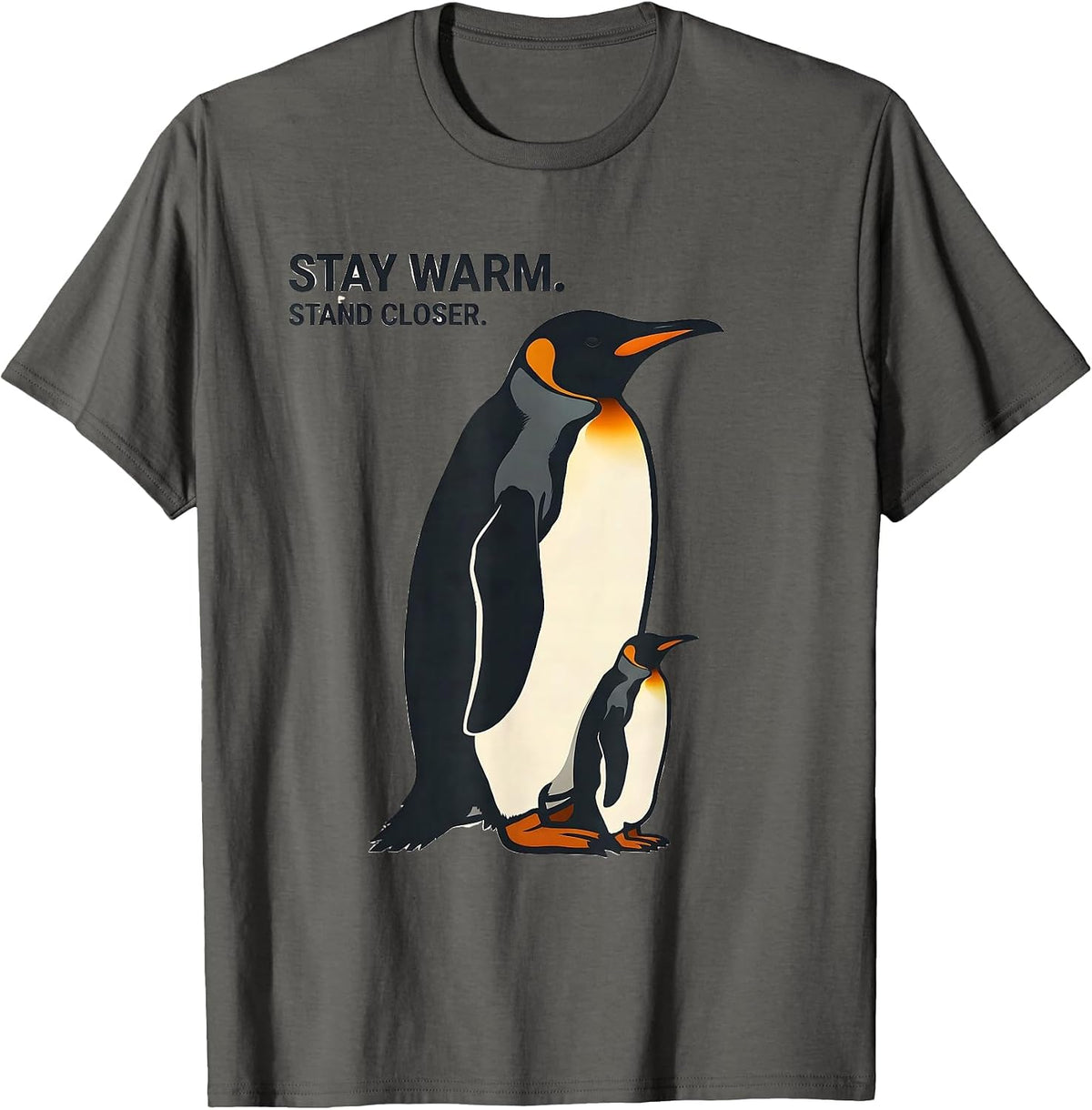 Stay Warm Stand Closer Funny Penguin Lover Quirky Humor T-Shirt - Asphalt Grey