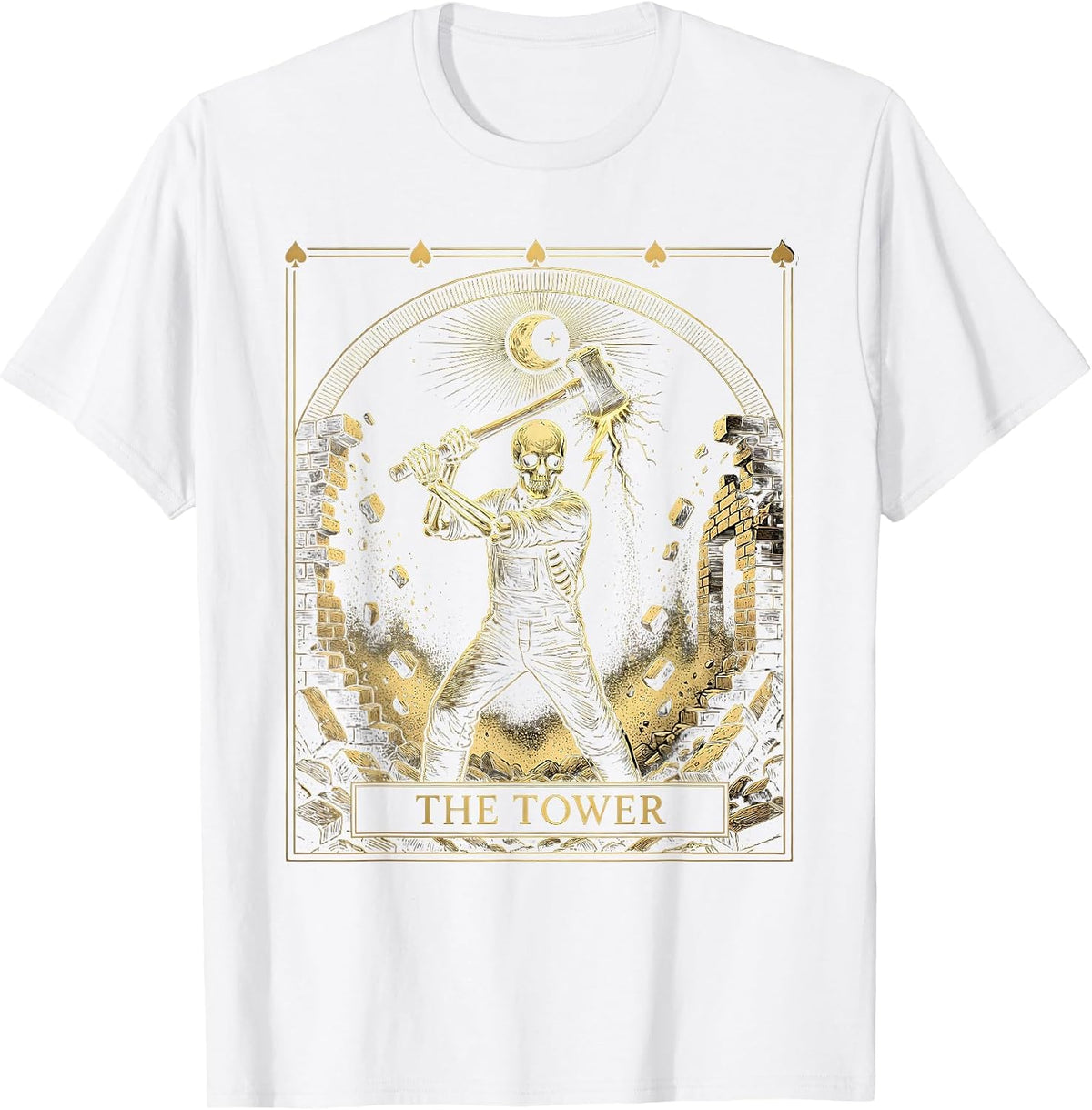 Men's The Tower Mystic Celestial Tarot Card Skeleton Demolition T-Shirt - White