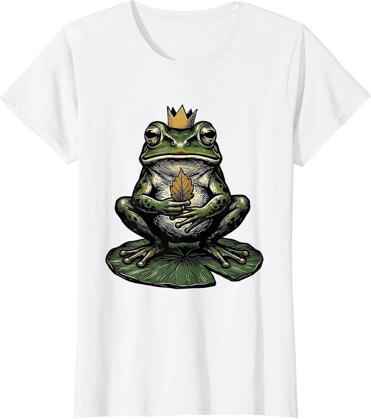 Women's Squat Frog Paper Crown Linocut Frog Lover Humor T-Shirt - White