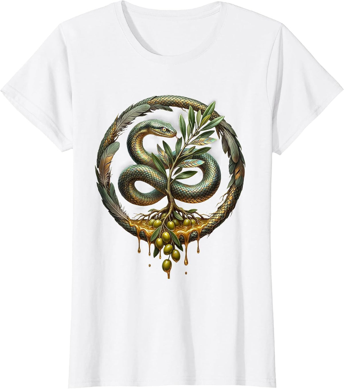 Women's Serpent and Olive Branch Illustration Design T-Shirt - White