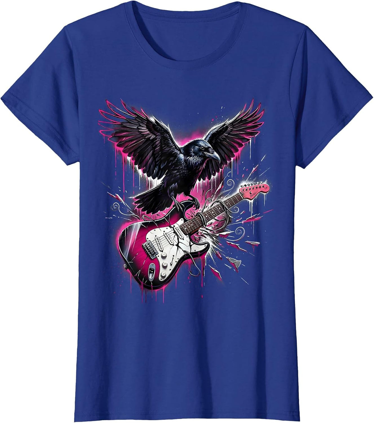 Women's Raven on Broken Guitar Strings Rock Art Design T-Shirt - Royal Blue