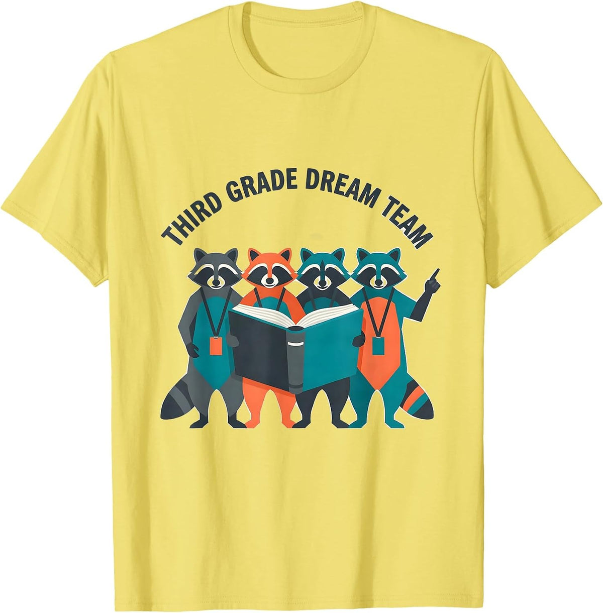Men's Third Grade Dream Team Flat Vector Raccoon Teacher Back T-Shirt - Lemon Yellow