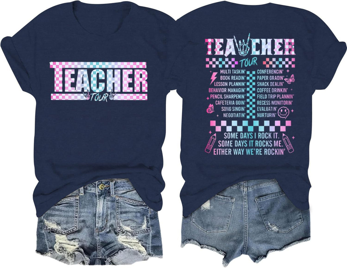 Teacher Shirts for Women Back to School Teaching Life Tee Tops - Blue
