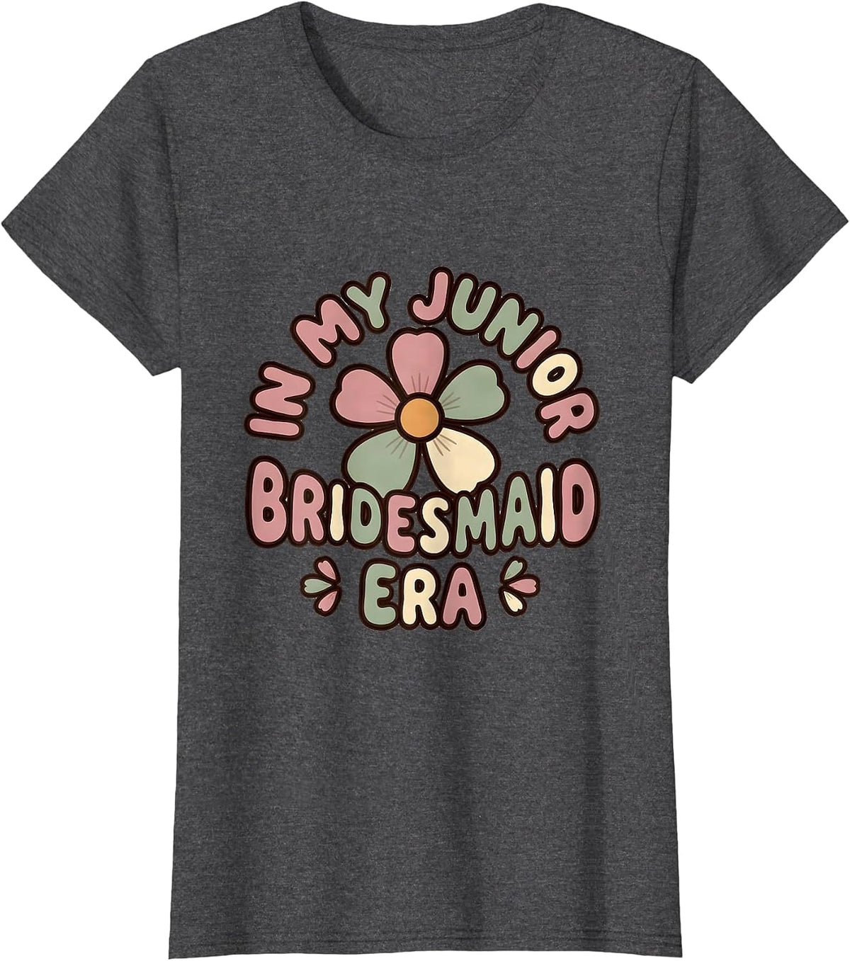 Women's In My Junior Bridesmaid Era Retro Groovy Flower Novelty T-Shirt - Dark Heather Grey