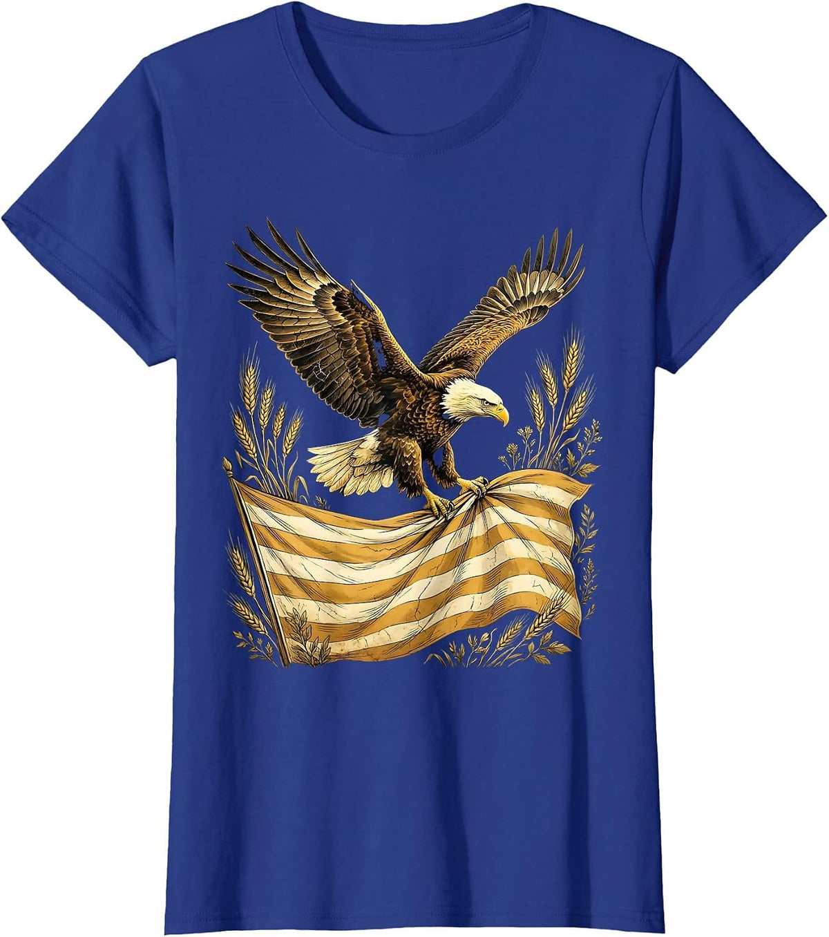 Women's Bald Eagle in Flight Over Waving Flag Illustration T-Shirt - Royal Blue